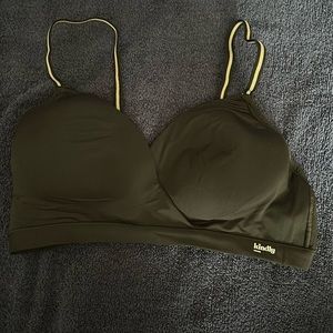 Black bra with tan and black straps